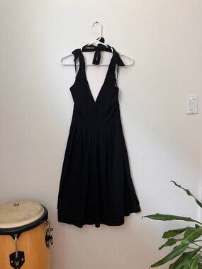 Calvin Klein Black Halter Dress | Deep V-Neck | pleated skirt | Fit & Flare | Sm